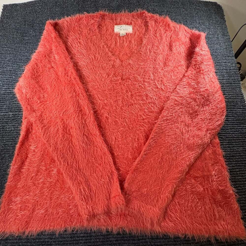 Evy's Tree The Ruthie Fuzzy V-Neck Pullover Sweater Size XL Coral Orange